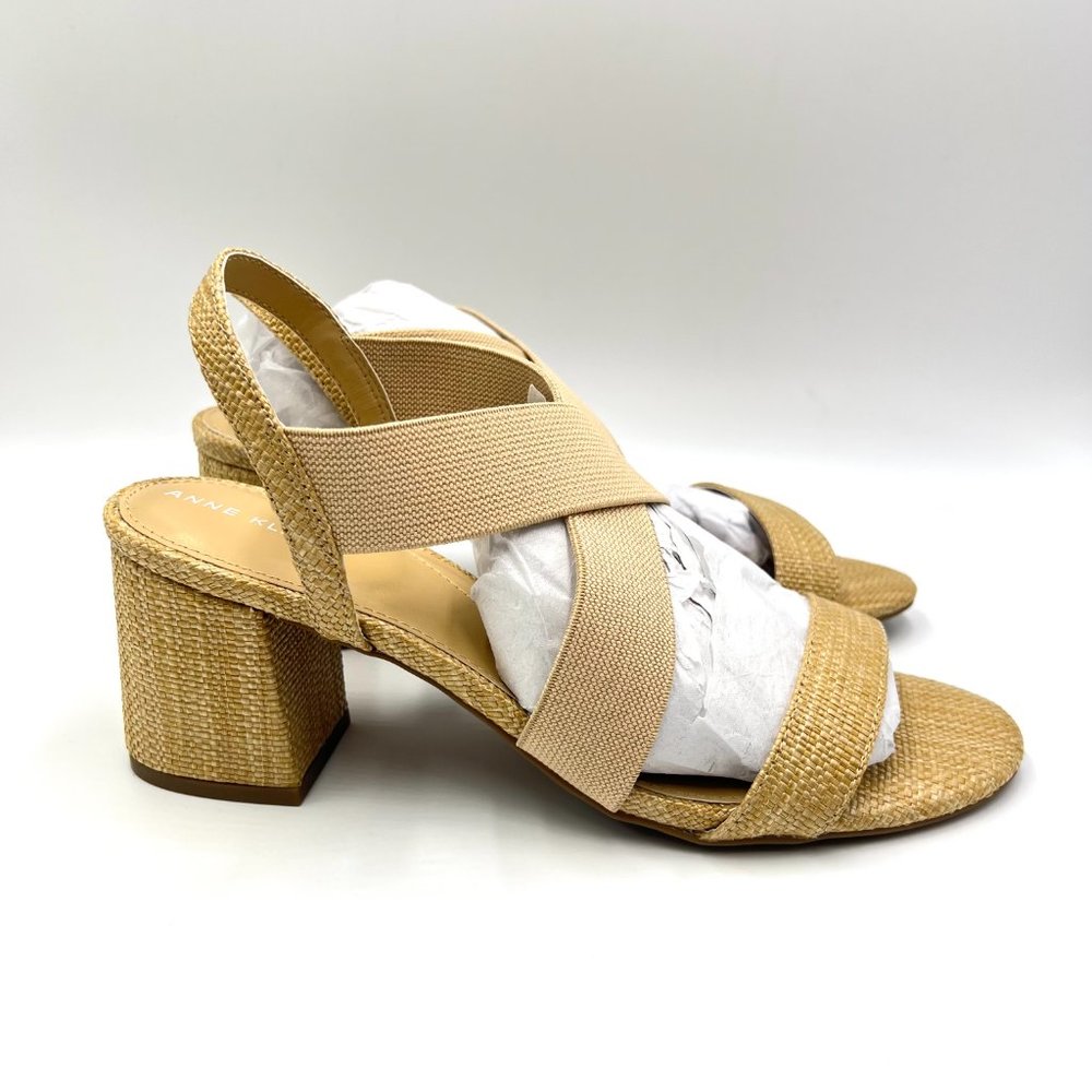 Anne Klein Size 10 Beige Natural Raffia Woven Open Toe Block Heel Sandals Shoes